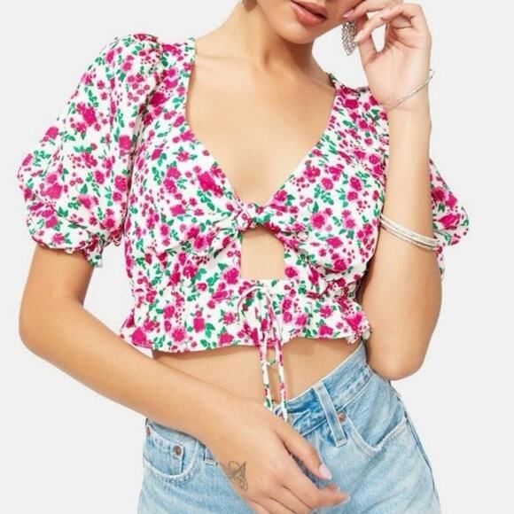 NWOT For Love & Lemons Petal Floral Puff Sleeve Tie Front Blouse Pink Green XS - Picture 1 of 8